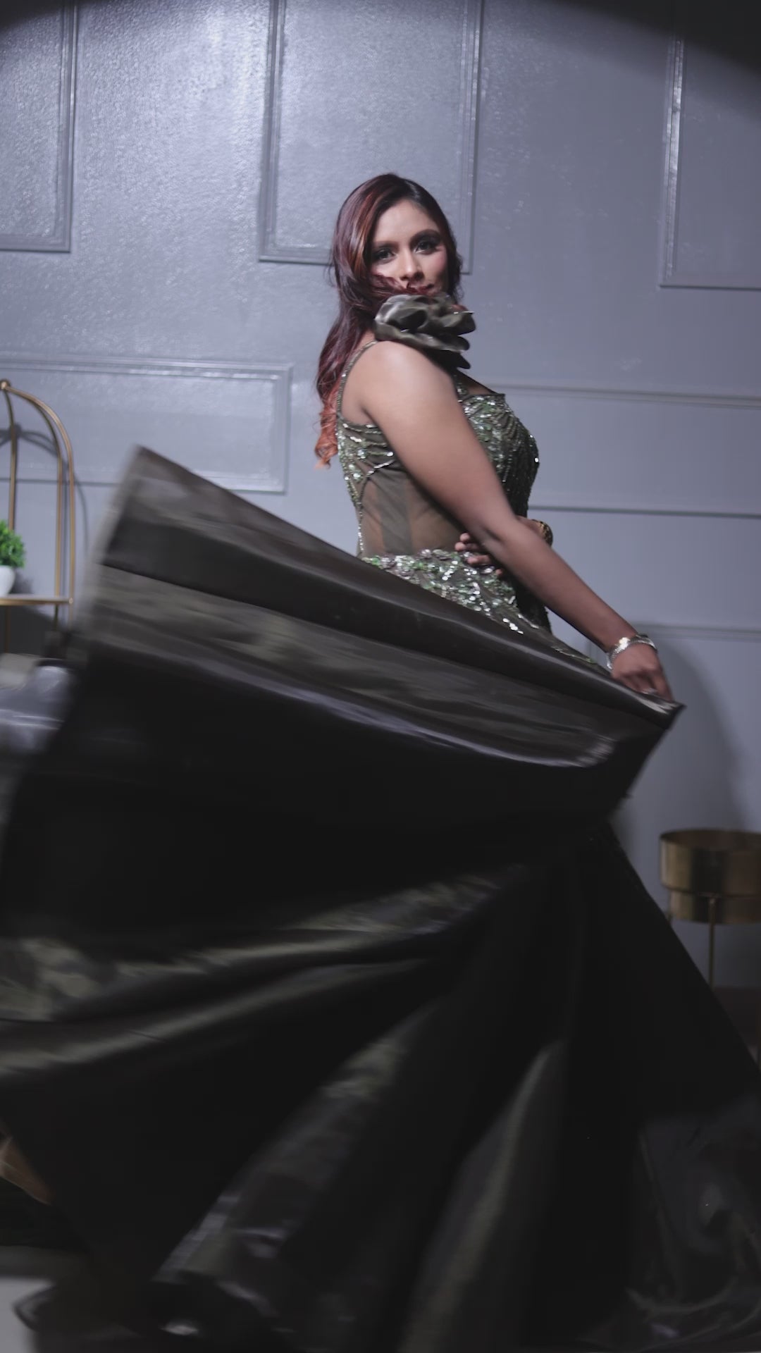 Gray Gown with Green Handwork Embellishments, Customizable, Made to Order