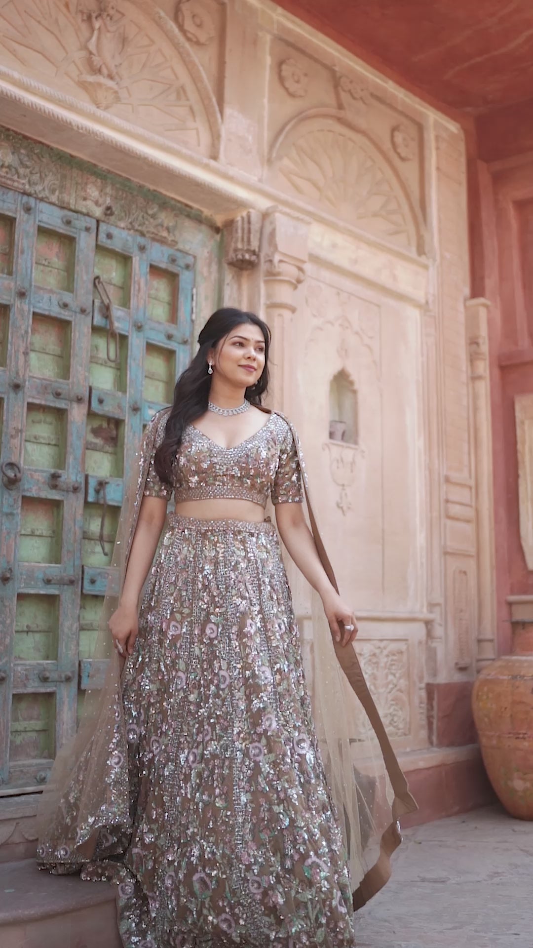 Lehenga: Chikoo Brown Glamour Lehenga with embellishments in Net, Customizable, Made to Order
