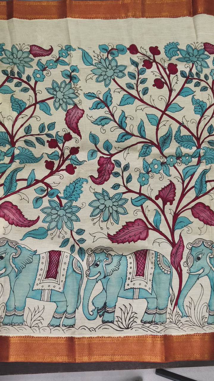 Elephant Theme : Beige Authentic Pen kalamkari on Mangalagiri Silk Saree with zari border