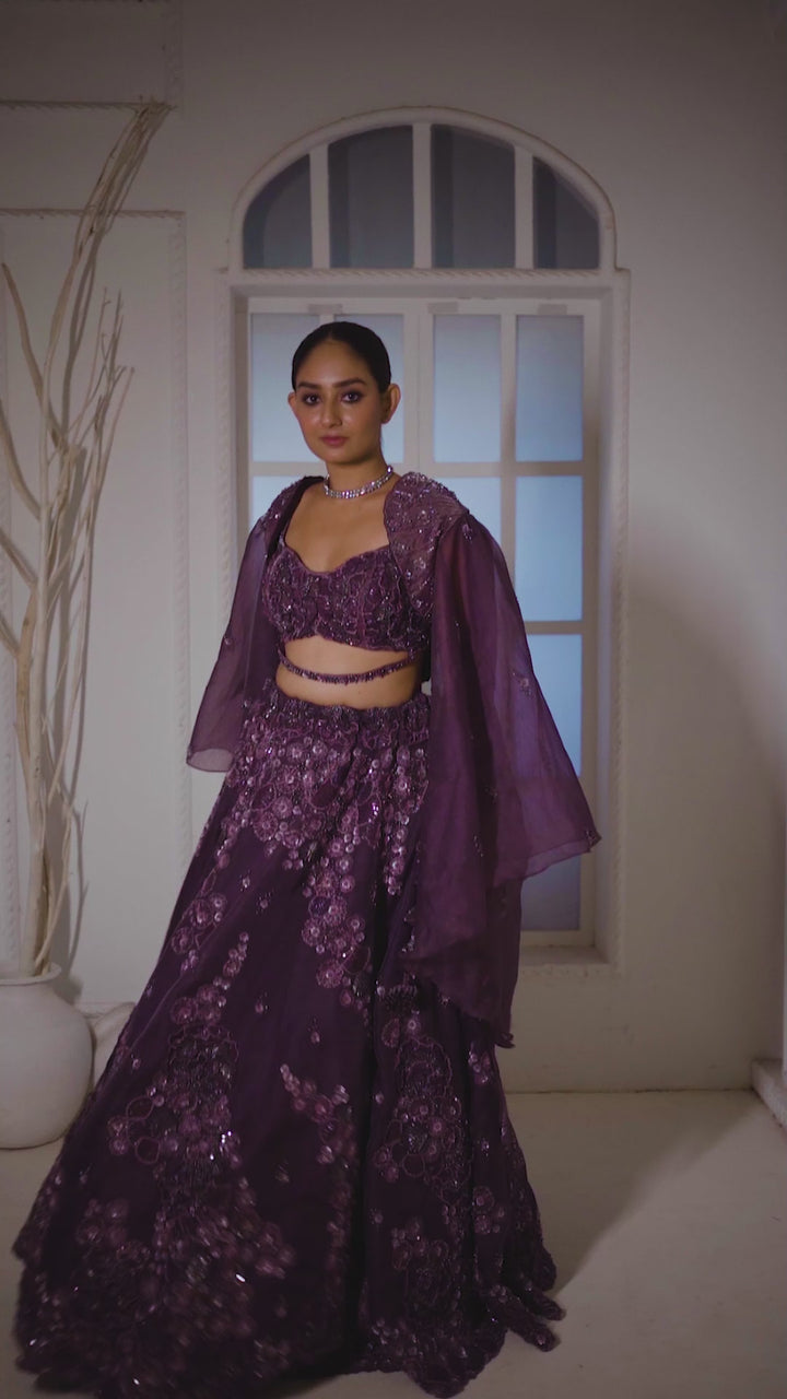 Amethyst Blaze Lehenga with Cape, Customizable, Made to Order