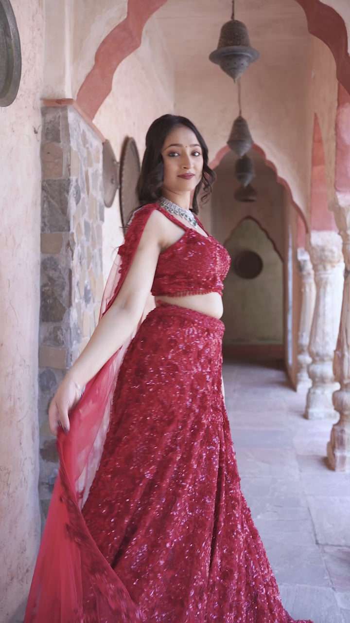 Exquisite Crimson Lehenga with hand-embroidery in Net, Customizable, Made to order