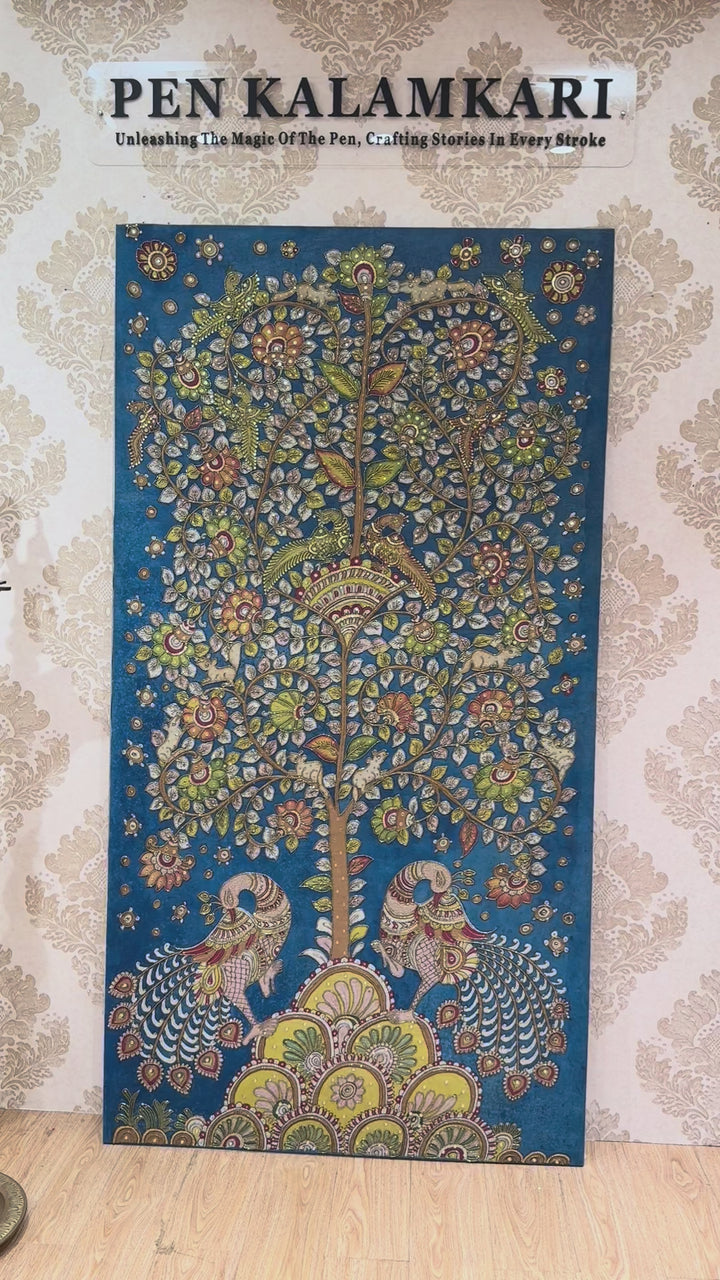 Blue Pottery Theme Blue Authentic Pen kalamkari on Mangalagiri Silk Saree with Zari Border | Shobitam