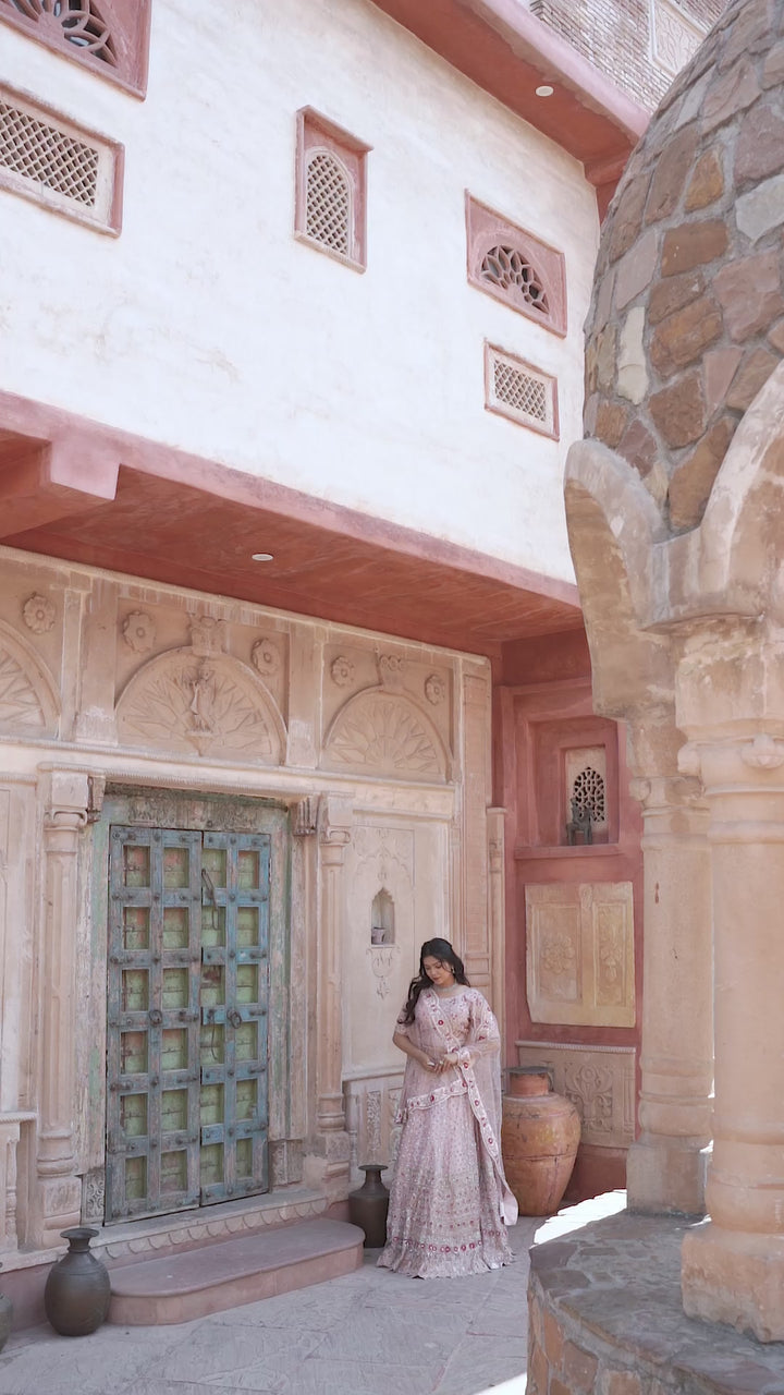 Exquisite Blossom Pink Lehenga with hand-embroidery in organza, Customizable, Made to Order