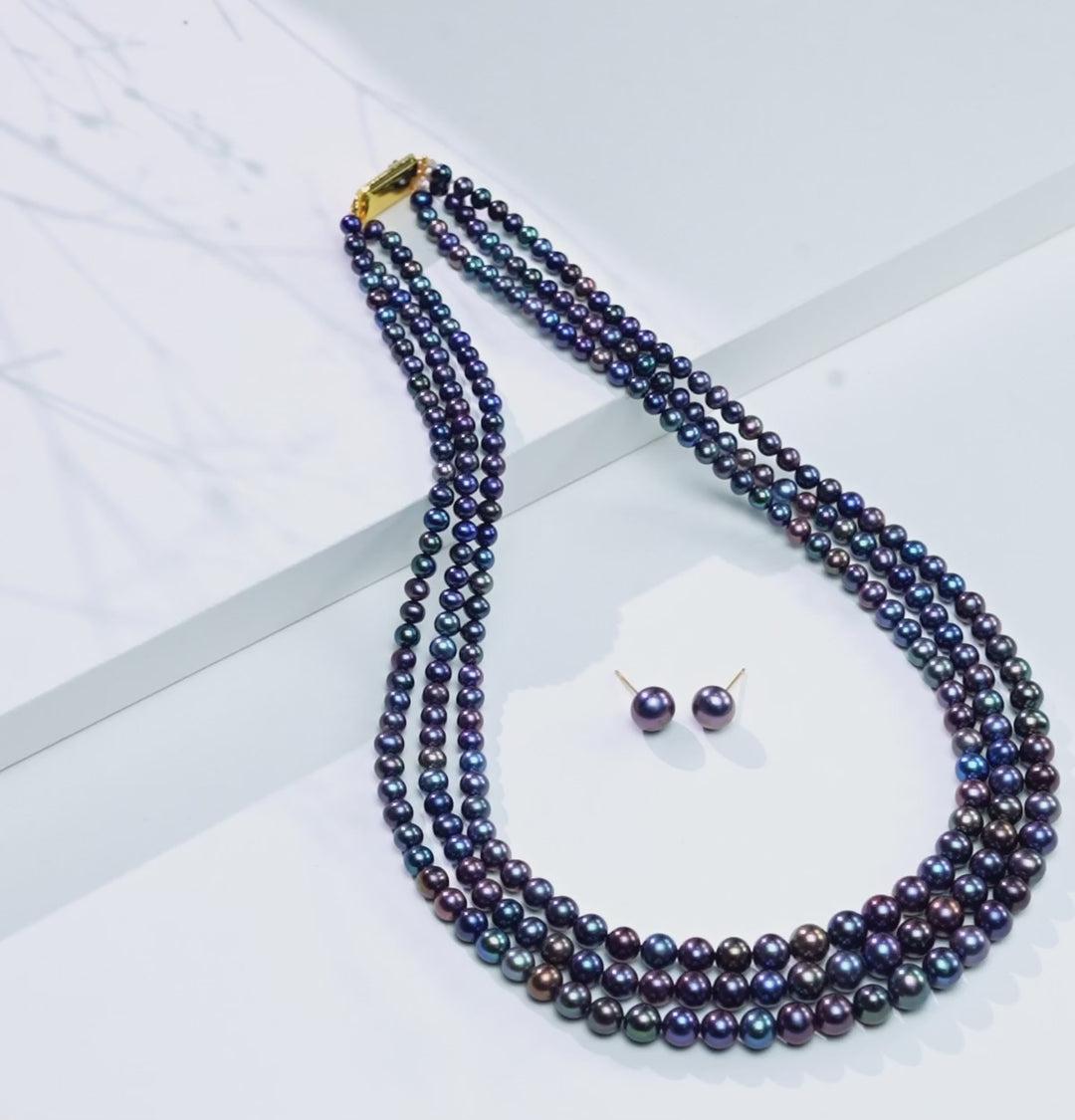 Freshwater Iridescent Deep Blue Pearl Necklace Set Shobitam