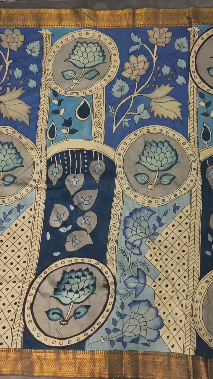 Lotus Theme : Blue Authentic Pen kalamkari on Mangalagiri Silk Saree with Zari Border