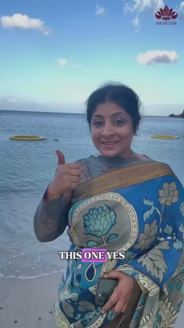 Blue Pottery Theme Blue Authentic Pen kalamkari on Mangalagiri Silk Saree with Zari Border | Shobitam