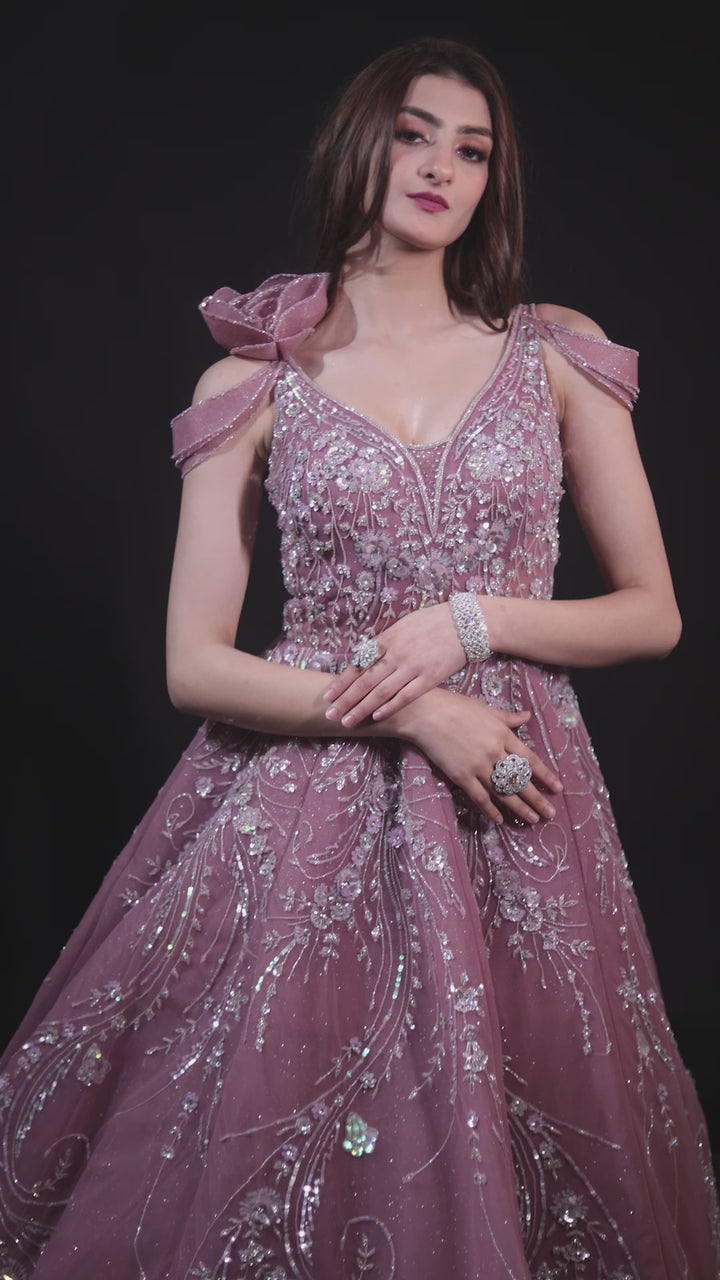Mauve Gown with embroidery, Customizable, Made to Order