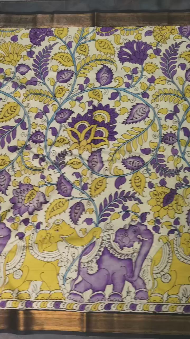 Elephant and Floral Theme : Beige Authentic Pen kalamkari on Mangalagiri Silk Saree with Zari Border
