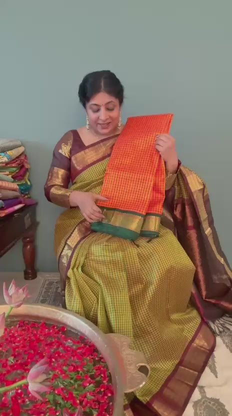 Pre-Order Orange-Yellow Gingham Checks Koravi Kanchi Silk Cotton 100% Handloom Saree with Contrast Zari Border