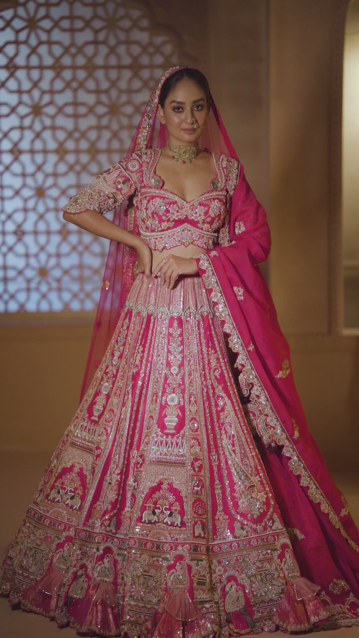 Exotic Lehenga with 3d Bride Motifs, full meenakari handwork and double dupattas, Customizable, Made to Order