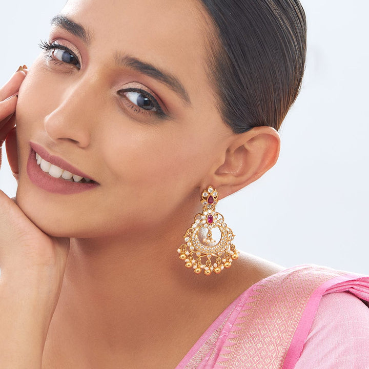 Pure 92.5 Silver Gold-Plated Chandbali Earrings with Gemstone and Dangling Beads