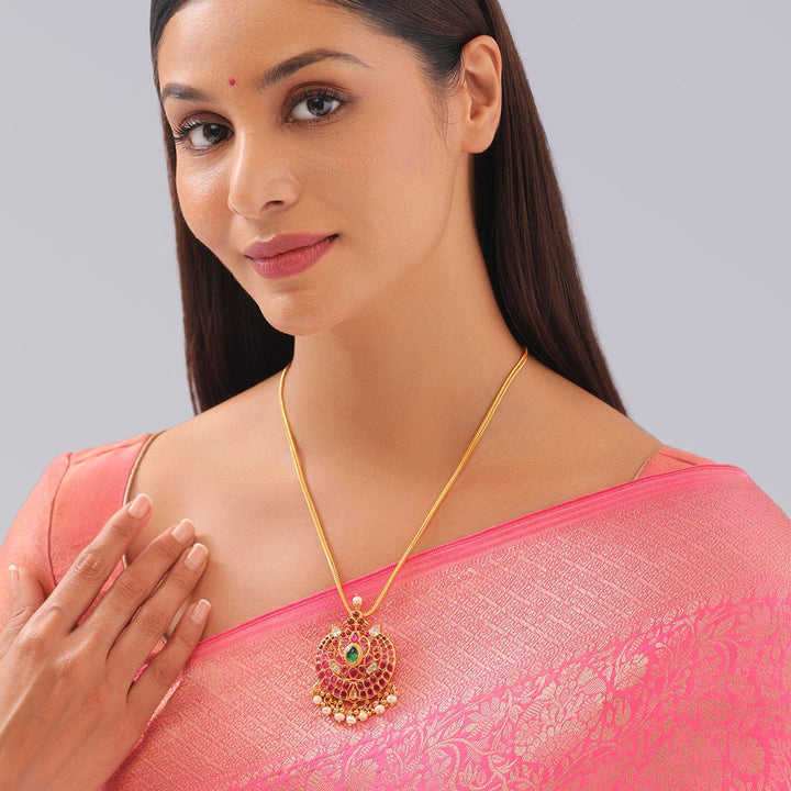 Pure 92.5 silver Oval Pattern Temple Pendant with Dangling Pearls | Shobitam