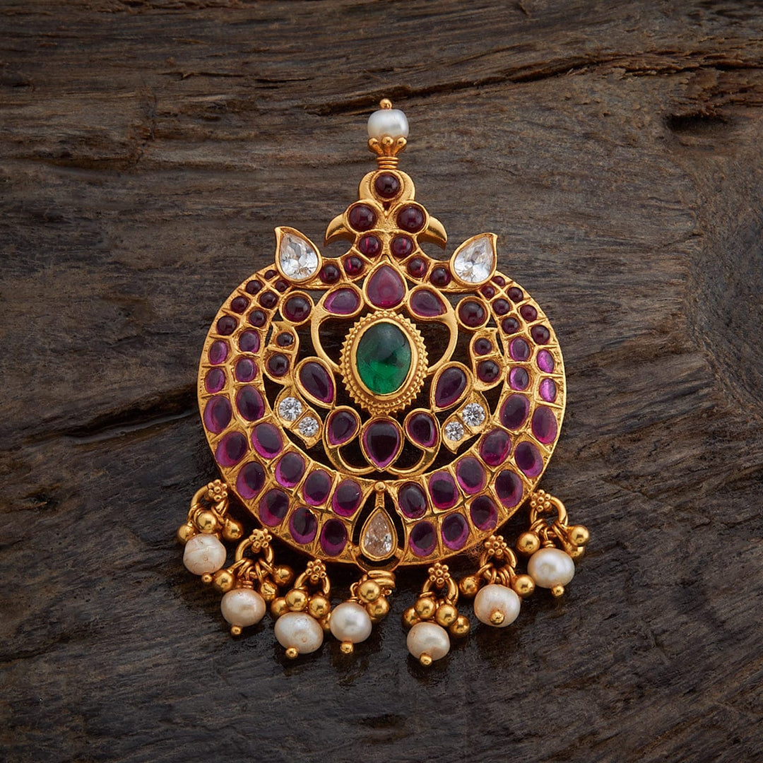 Pure 92.5 silver Oval Pattern Temple Pendant with Dangling Pearls | Shobitam