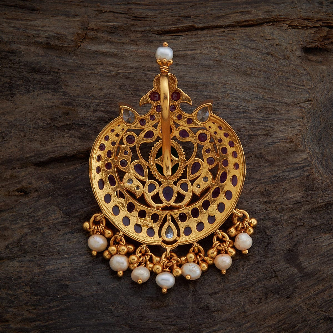 Pure 92.5 silver Oval Pattern Temple Pendant with Dangling Pearls | Shobitam