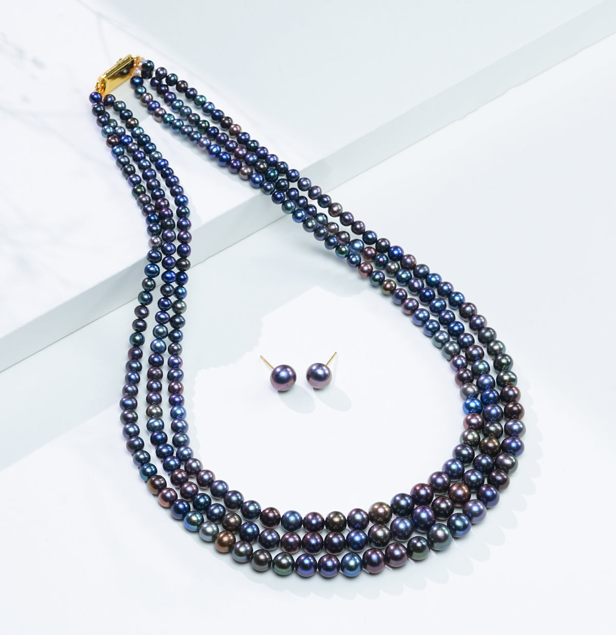 Freshwater Iridescent Deep Blue Pearl Necklace Set Shobitam