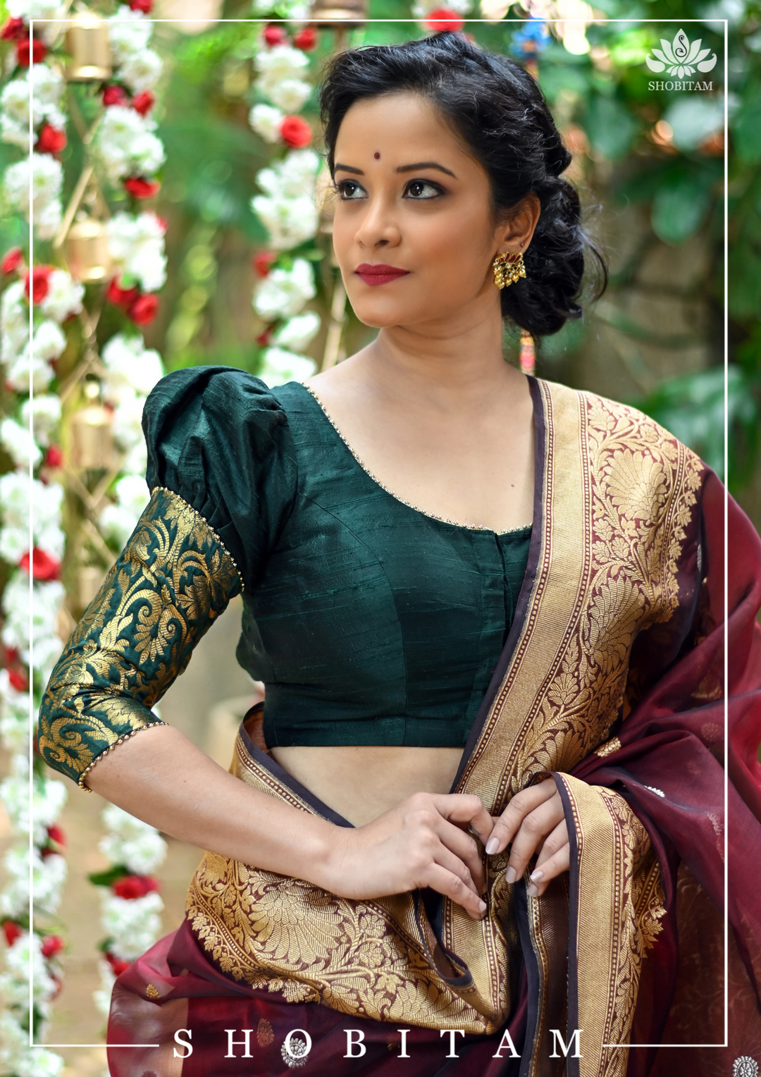 Sacramento Green Puff Sleeve Blouse with Banarasi Brocade Detailing  Shobitam