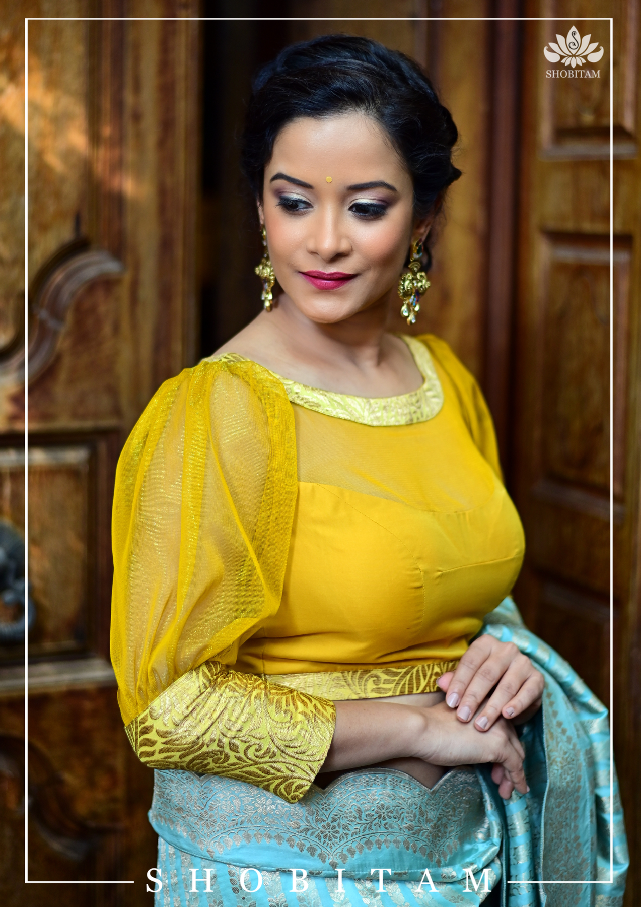 Mustard boat neck Blouse with Sheer Yoke and Puff Sleeves, Banarasi Br Shobitam