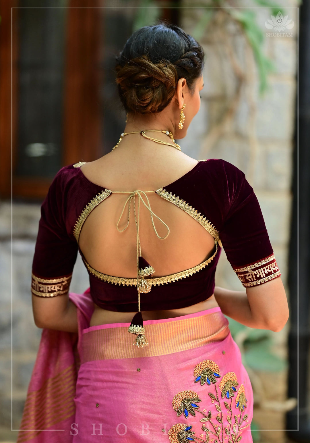 Exquisite Sada Sowbhagyawati Trim Border on Maroon Velvet Blouse