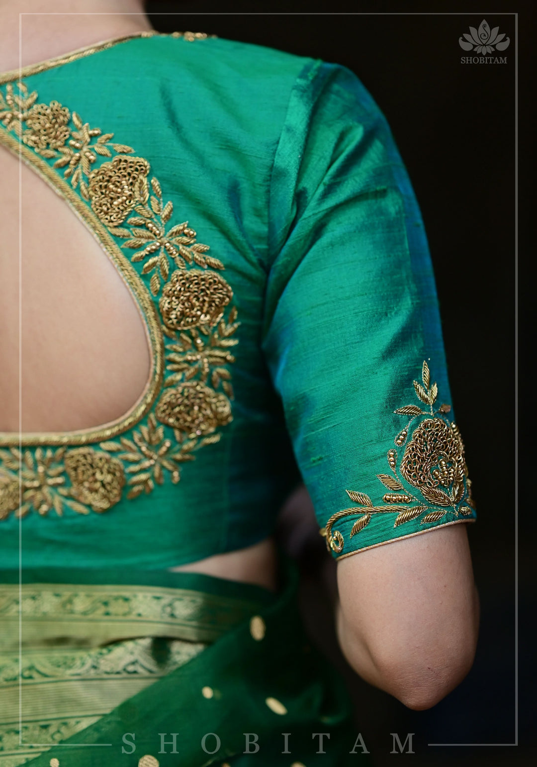 Pure selling Green raw silk blouse with Zardozi, pearl & Kundan work