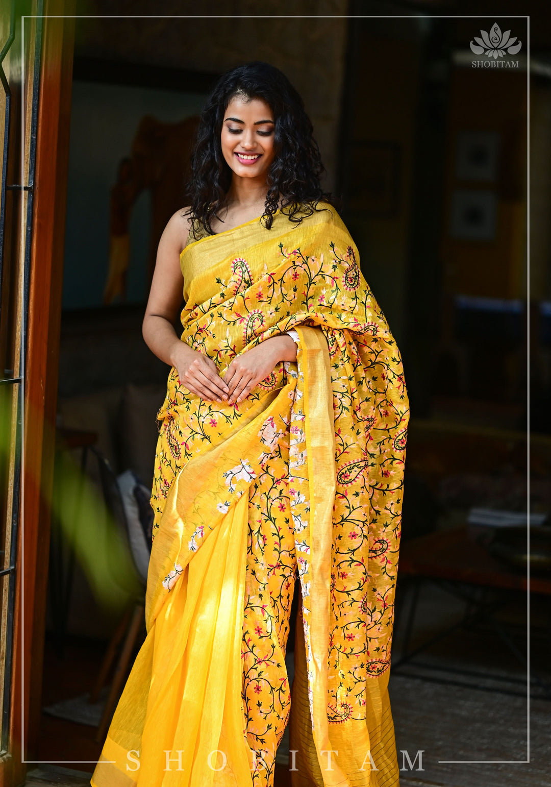 Ikkat Handwoven Silk Cotton Saree in Yellow and on sale Blue | Sarees By Shobitam