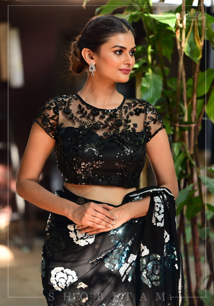 Stunning Black Net Blouse with Sheer Yoke and Shimmering Black Floral Design Sequins