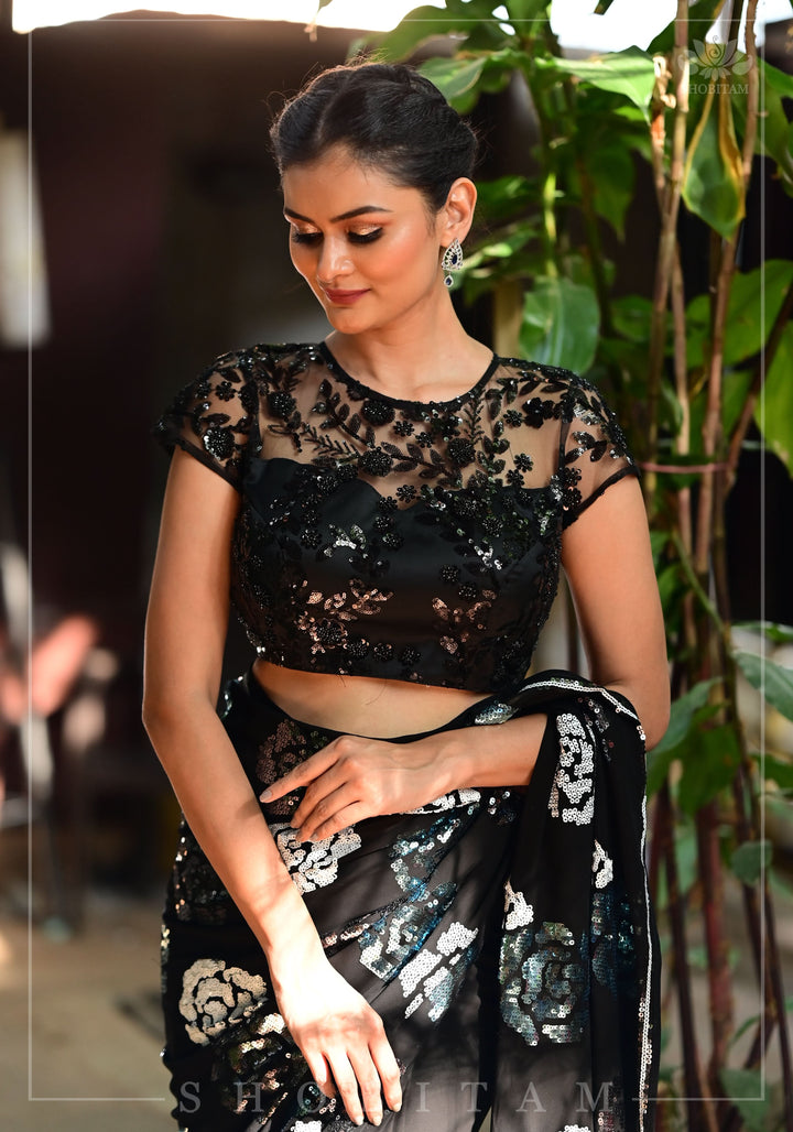 Stunning Black Net Blouse with Sheer Yoke and Shimmering Black Floral Design Sequins