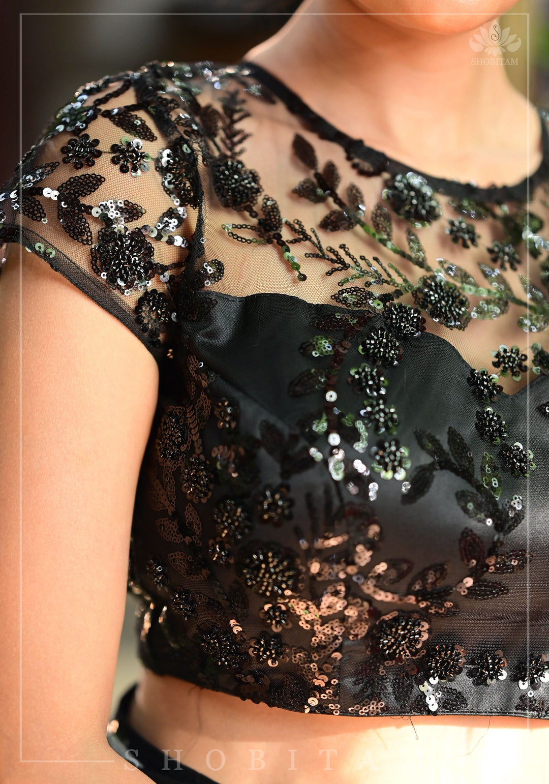 Stunning Black Net Blouse with Sheer Yoke and Shimmering Black Floral Design Sequins