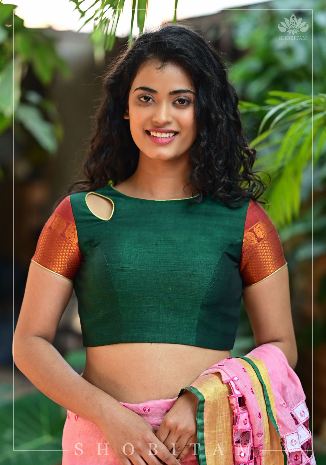 Forest green narayanpet cotton close neck cutout blouse with tie